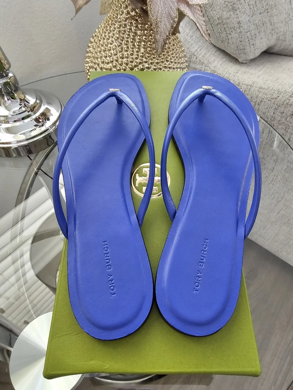 Tory Burch  Blue Leather Logo Medallion Flip Flops